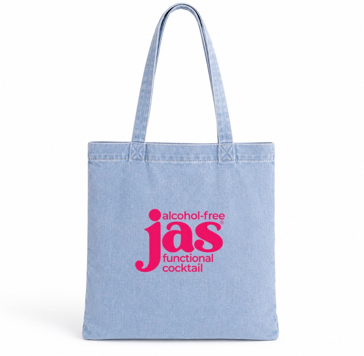 Back of the JAS denim tote showing the alcohol-free jas functional cocktail logo in hot pink